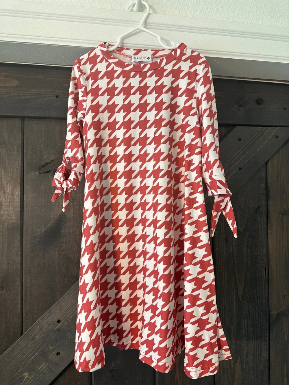 RuffleButts Red & White Houndstooth Tie-Sleeve Girls' Dress